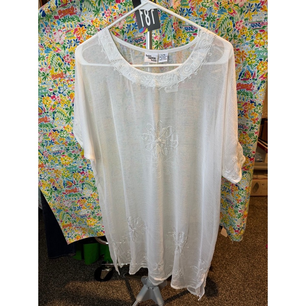 181 Indian Tropical Fashion White Sheer Floral Embroidered Tunic Coverup L/XL